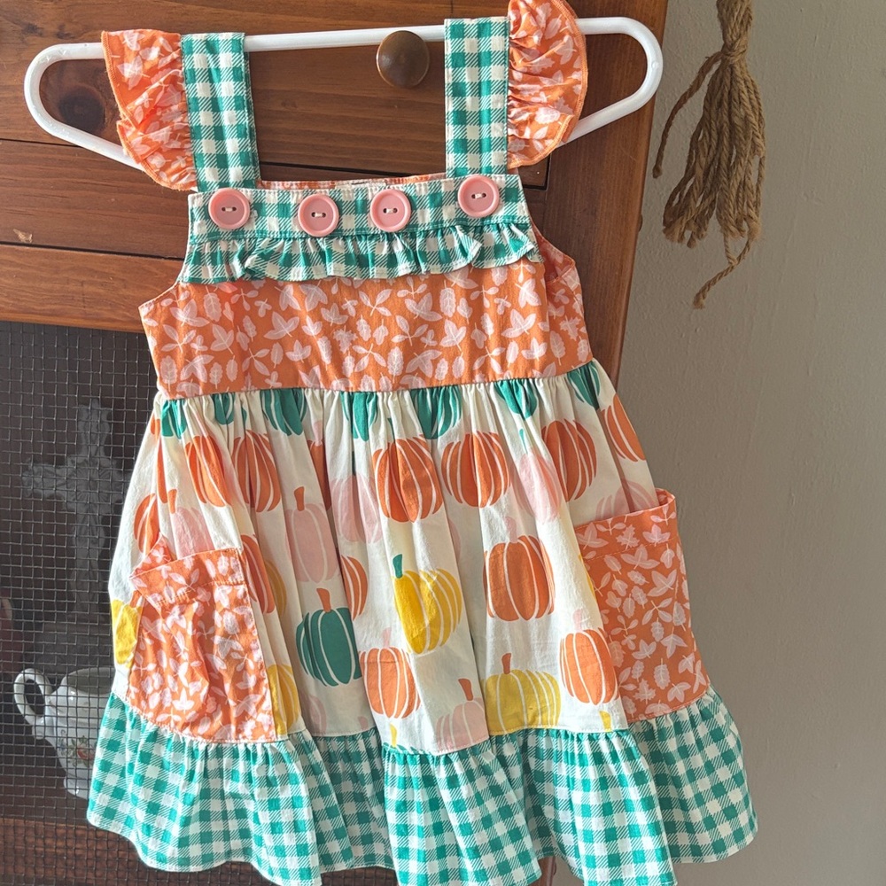 Eleanor Rose Orange, Teal & Yellow Pumpkin Tiered Girls Dress